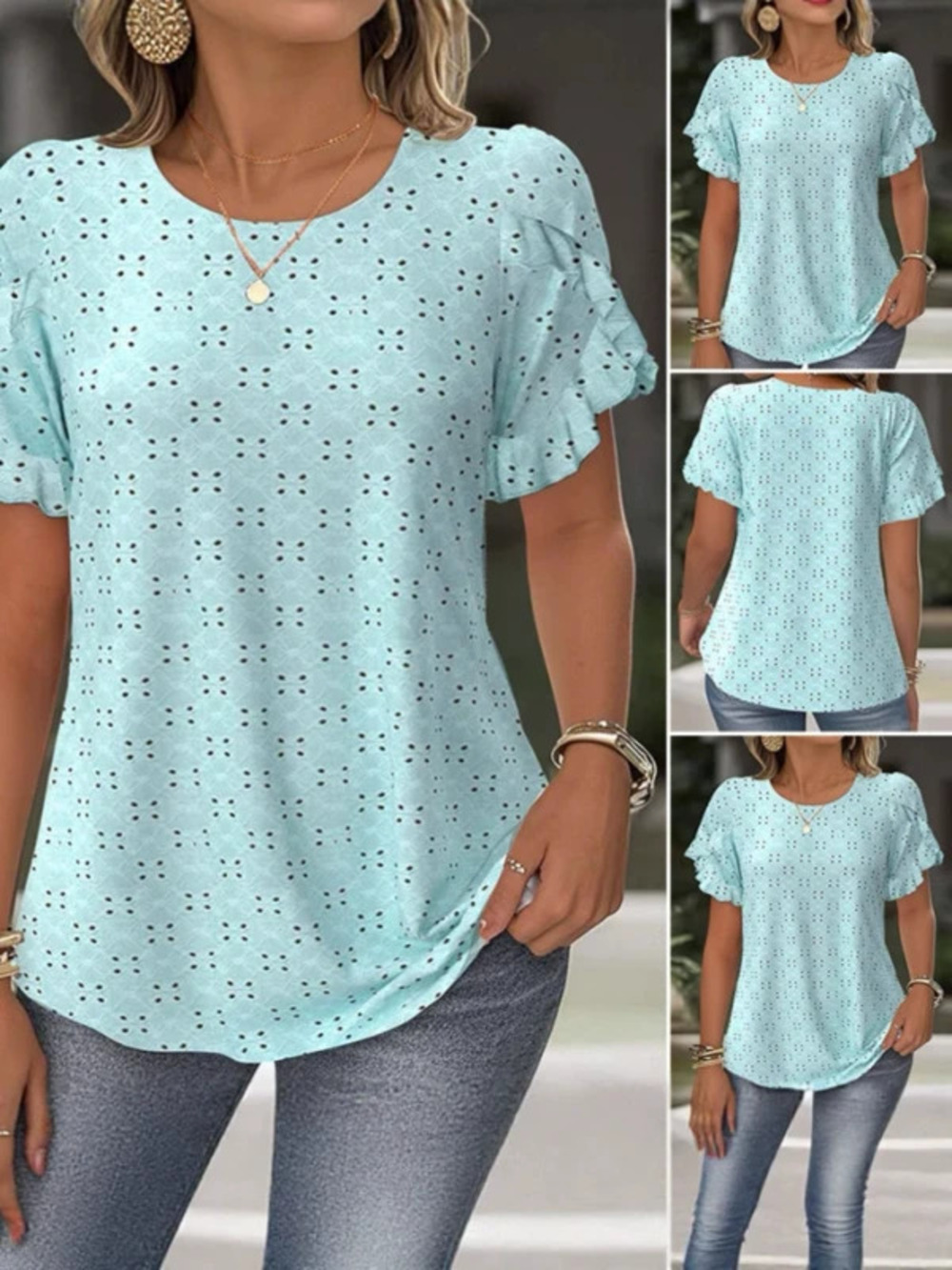 ZARA Summer Fashion Casual Solid Lace Short Sleeve Cutout Tee